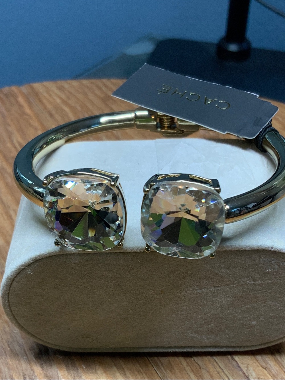 Cache Gold-Tone Open Cuff Bracelet with Large Clear Crystals